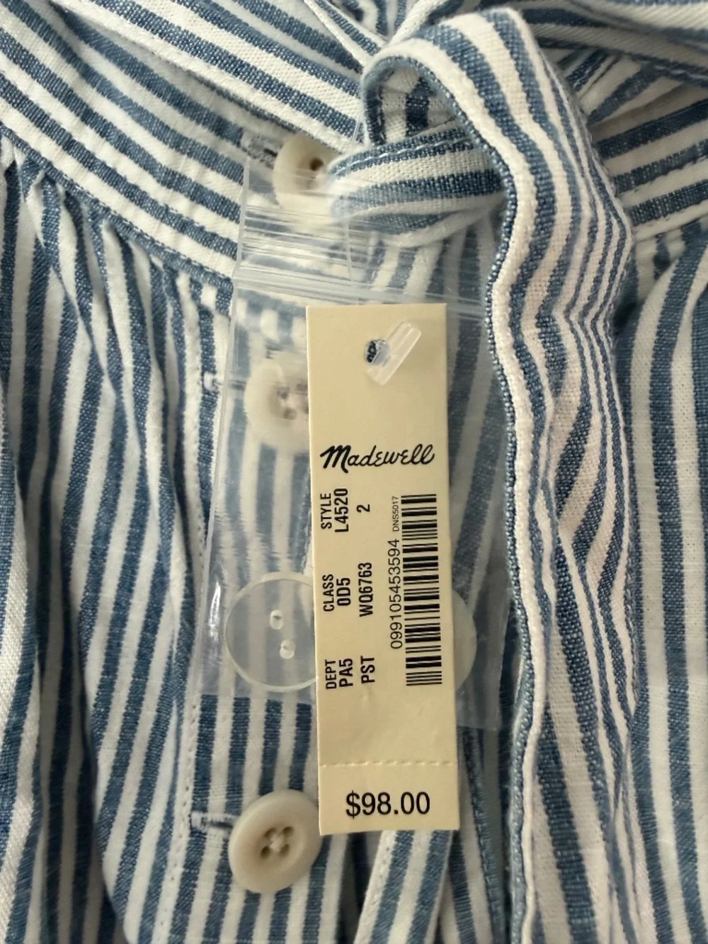 Madewell Palisade blue white striped tie button-front midi skirt, size 2